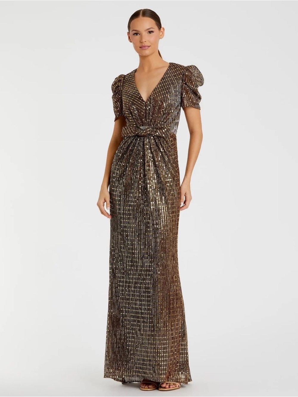 Mac Duggal Bronze Sequin V-Neck Maxi Gown